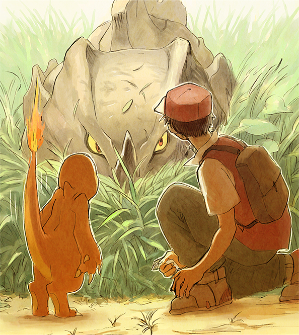 1boy backpack bag baseball_cap charmander fire grass hat pokemon red_(pokemon) rhyhorn yuza