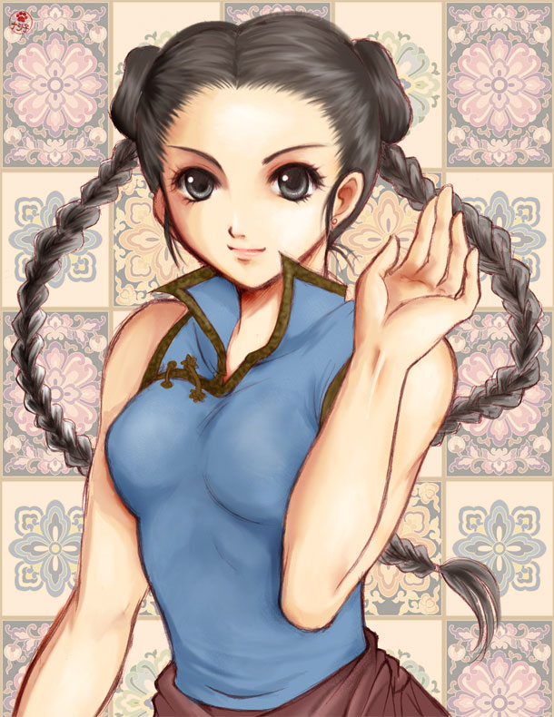 1girl black_hair blue_eyes braid breasts chinese_clothes double_bun ear_studs earrings jewelry long_hair nashiko_(tinyrelation) pai_chan popped_collar smile solo stud_earrings twin_braids virtua_fighter