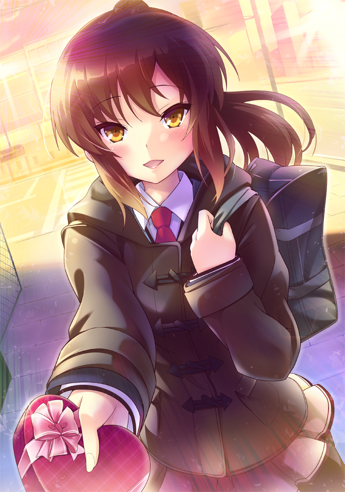 1girl aoyama_nanami bag black_legwear brown_hair chocolate chocolate_heart heart jacket necktie pantyhose ponytail sakura-sou_no_pet_na_kanojo school_uniform solo sunset urabi_(tomatohouse) valentine yellow_eyes