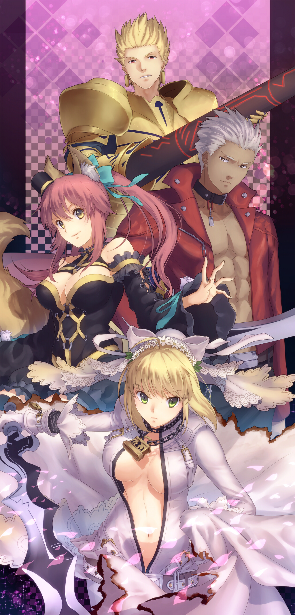 2boys 2girls aestus_estus ahoge animal_ears archer armor bad_id bad_pixiv_id bare_shoulders blonde_hair bodysuit bow breasts brown_eyes center_opening cleavage collar dark_skin detached_sleeves ea_(fate/stay_night) earrings fate/extra fate/extra_ccc fate_(series) fox_ears fox_tail ganov gilgamesh green_eyes hair_bow hair_ribbon hat highres jacket jewelry leather leather_jacket lock md5_mismatch mini_hat mini_top_hat multiple_boys multiple_girls nero_claudius_(bride)_(fate) nero_claudius_(fate)_(all) padlock pink_hair red_eyes red_jacket ribbon sword tail tamamo_(fate)_(all) tamamo_no_mae_(fate) top_hat twintails veil weapon white_hair yellow_eyes