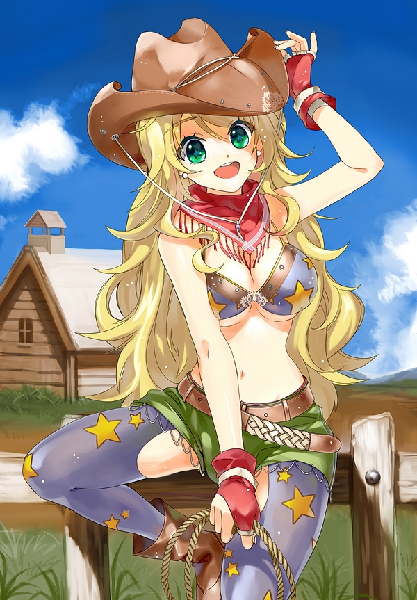 1girl belt bikini_top blonde_hair boots breasts cleavage cowboy cowboy_boots cowboy_hat earrings fence fingerless_gloves gloves green_eyes hat hoshii_miki idolmaster jewelry large_breasts long_hair print_legwear putao rope solo stampede_string star star_print symbol-shaped_pupils thigh-highs western