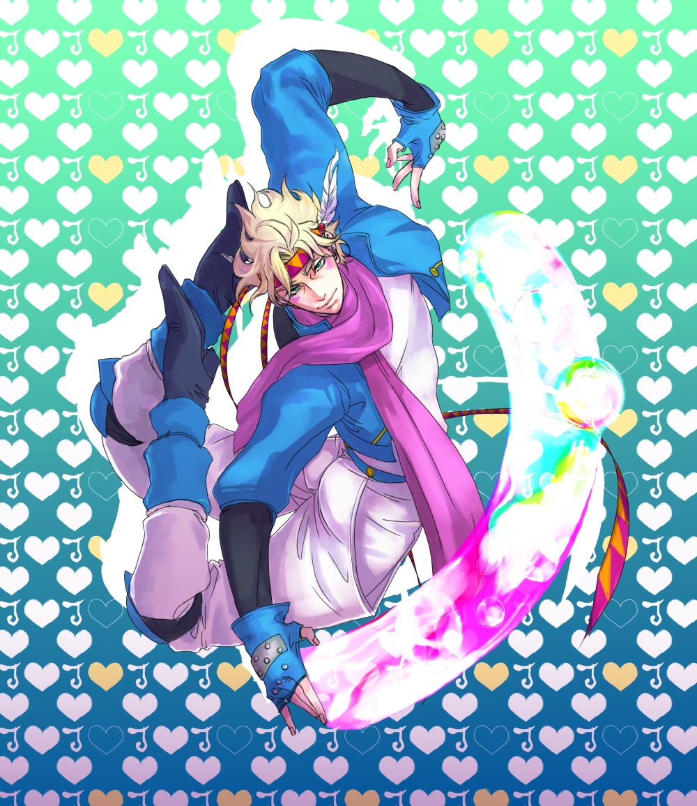 1boy battle_tendency blonde_hair blue_jacket bubble caesar_anthonio_zeppeli contortion cropped_jacket facial_mark feathers fingerless_gloves flexible full_body gloves green_eyes headband jacket jojo_no_kimyou_na_bouken jumping knee_pads looking_at_viewer male_focus oha_(amaaji) ribbon scarf shirt solo white_pants white_shirt