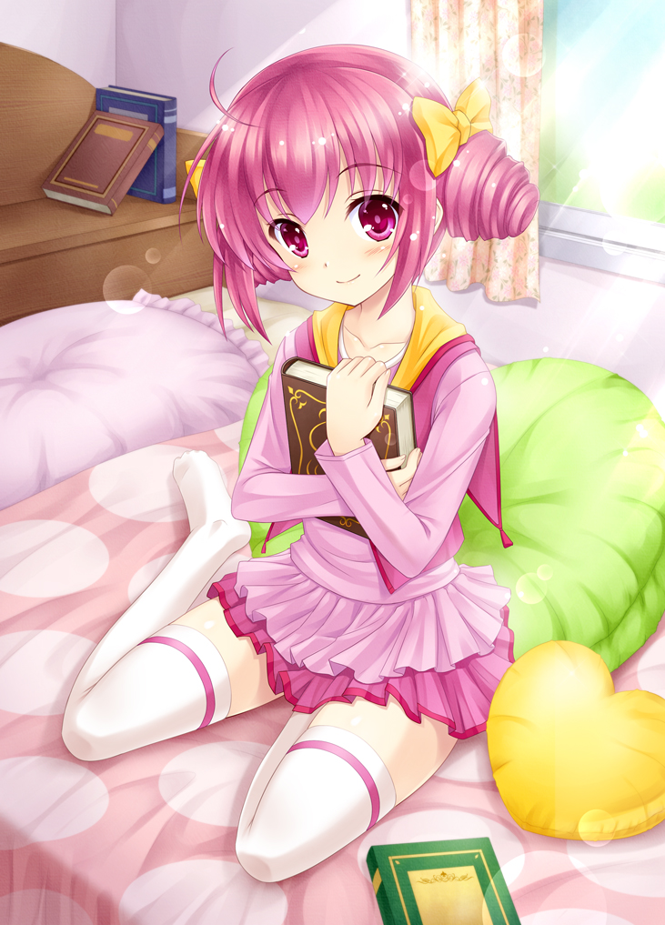 1girl ahoge amane_(funfun) bed blush book bow curtains female hair_bow heart heart_pillow hoshizora_miyuki light_rays looking_at_viewer pillow pink_eyes pink_hair precure short_hair sitting skirt smile smile_precure! solo sunbeam sunlight thigh-highs wariza white_legwear window