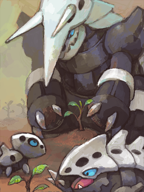 aggron aron d&amp;p family height_difference lairon no_humans open_mouth plant pokemon pokemon_(creature) tegaki