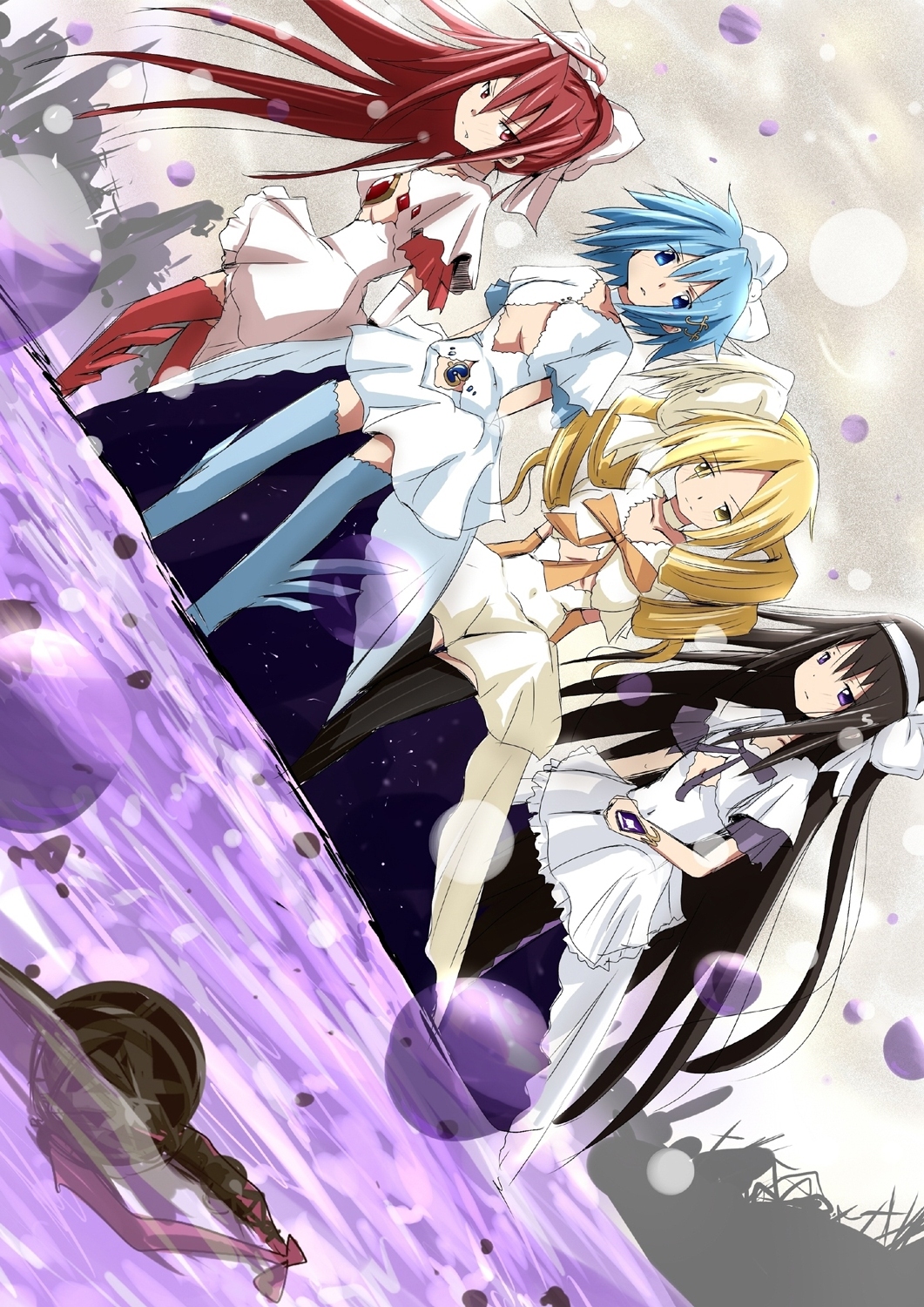 4girls akemi_homura black_hair blonde_hair blue_boots blue_eyes blue_hair boots cleavage_cutout cosplay dress drill_hair dutch_angle fang goddess_madoka grief_seed hair_ornament hair_ribbon hairclip highres kaname_madoka long_hair mahou_shoujo_madoka_magica matching_outfit miki_sayaka multiple_girls pantyhose ponytail red_boots red_eyes redhead ribbon sakura_kyouko short_hair thigh-highs tomoe_mami twin_drills twintails u_u_(mooooooou) ultimate_madoka_(cosplay) violet_eyes white_dress yellow_eyes