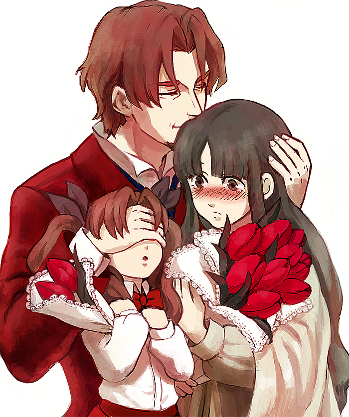 1boy 2girls black_hair blush bouquet brown_hair child covering_eyes facial_hair family fate/zero fate_(series) father flower formal goatee hand_on_another's_head long_hair mother multiple_girls sanadamaru suit tohsaka_aoi tohsaka_rin tohsaka_tokiomi tulip twintails younger