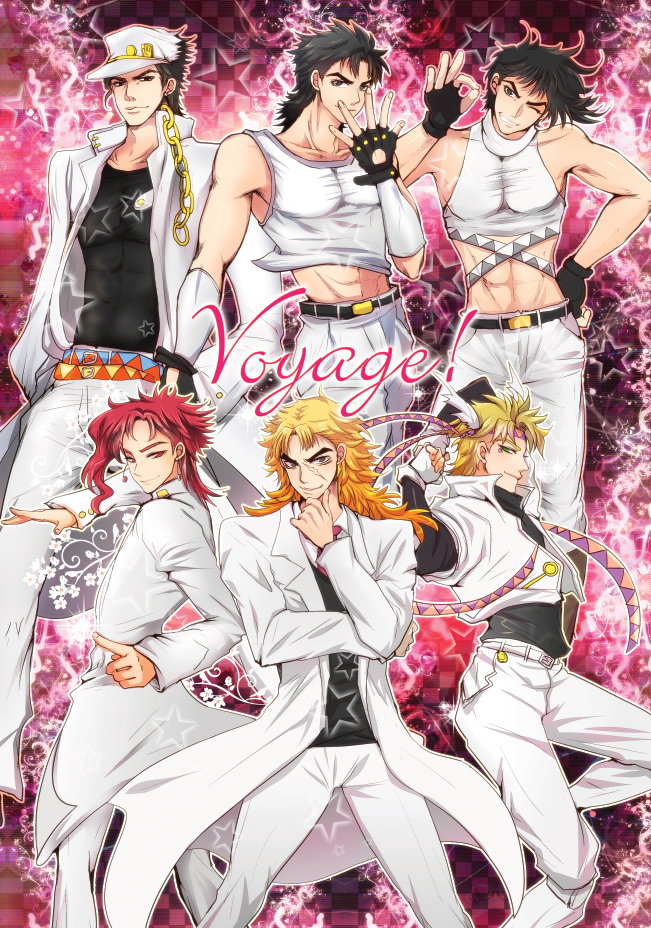 6+boys alternate_costume bare_shoulders battle_tendency belt black_hair black_shirt blonde_hair caesar_anthonio_zeppeli chains earrings fingerless_gloves formal gloves hand_(symbol) hand_on_hip hat headband jacket jewelry jojo_no_kimyou_na_bouken jonathan_joestar joseph_joestar_(young) kakyouin_noriaki kuujou_joutarou male_focus midriff multiple_belts multiple_boys peaked_cap phantom_blood pink_hair redhead ribbon robert_eo_speedwagon scar shirt sleeveless star_(symbol) stardust_crusaders suit t7senzo white_jacket white_pants white_suit wink