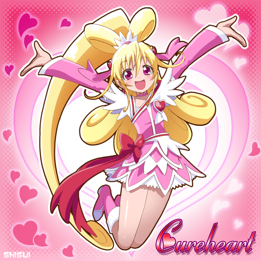 1girl :d aida_mana artist_name blonde_hair blush boots bow character_name cure_heart dokidoki!_precure eyelashes half_updo heart knee_boots long_hair magical_girl open_mouth outstretched_arms pink_background pink_boots pink_bow pink_eyes ponytail precure ribbon shisui skirt smile solo very_long_hair