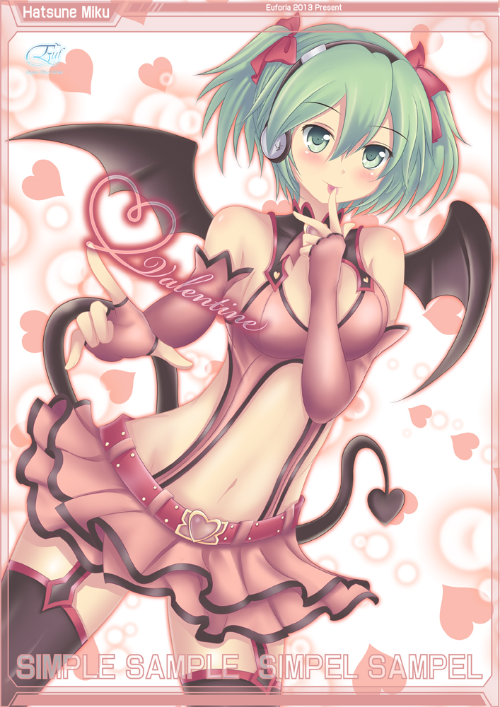 10s 1girl 2013 artist_name belt blush character_name demon_tail demon_wings elbow_gloves euforia fingerless_gloves garter_straps gloves green_eyes green_hair hatsune_miku headphones heart navel project_diva project_diva_(series) sample short_hair skirt solo sweet_devil_(vocaloid) tail thigh-highs tongue valentine vocaloid wings