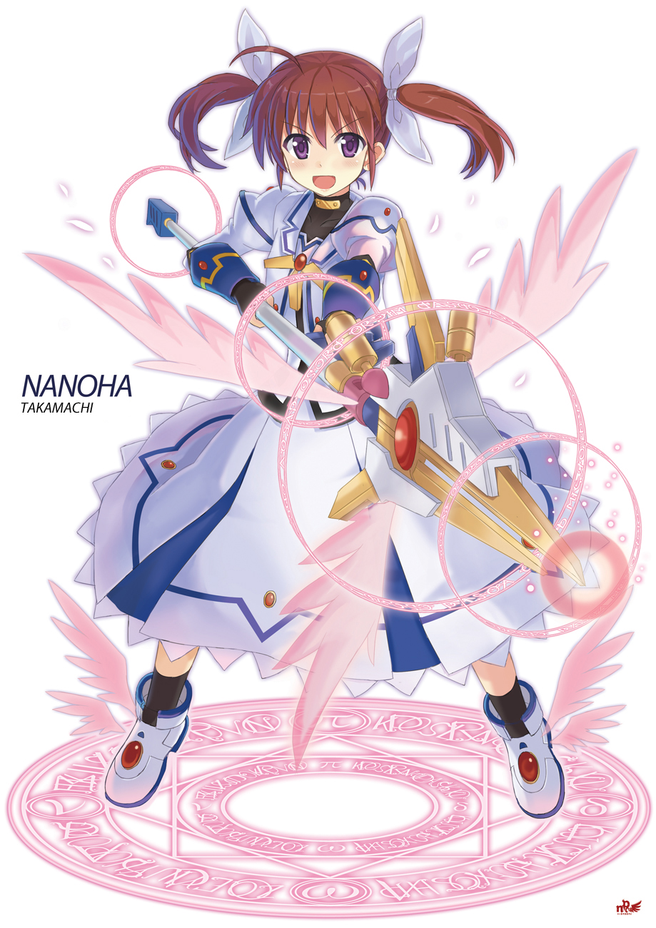 1girl boots brown_hair dress fingerless_gloves gloves glowing highres lyrical_nanoha magic_circle magical_girl mahou_shoujo_lyrical_nanoha mahou_shoujo_lyrical_nanoha_a's mahou_shoujo_lyrical_nanoha_the_movie_2nd_a's npcpepper raising_heart short_twintails smile staff takamachi_nanoha twintails violet_eyes wings