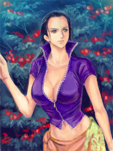 1girl arisue_kanako black_hair blue_shirt breasts brown_eyes center_opening cleavage collarbone crop_top flower forehead hair_slicked_back hand_up large_breasts long_hair looking_to_the_side lowleg midriff navel nico_robin no_glasses one_piece open_clothes open_shirt pink_skirt revealing_clothes sabaody_archipelago sarong shirt short_sleeves skirt solo unzipped upper_body zipper