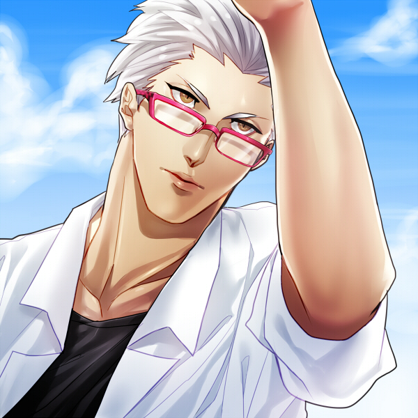 1boy archer bad_id bespectacled brown_eyes casual fate/stay_night fate_(series) glasses male_focus mitsuki_mitsuno red-framed_eyewear red-framed_glasses solo