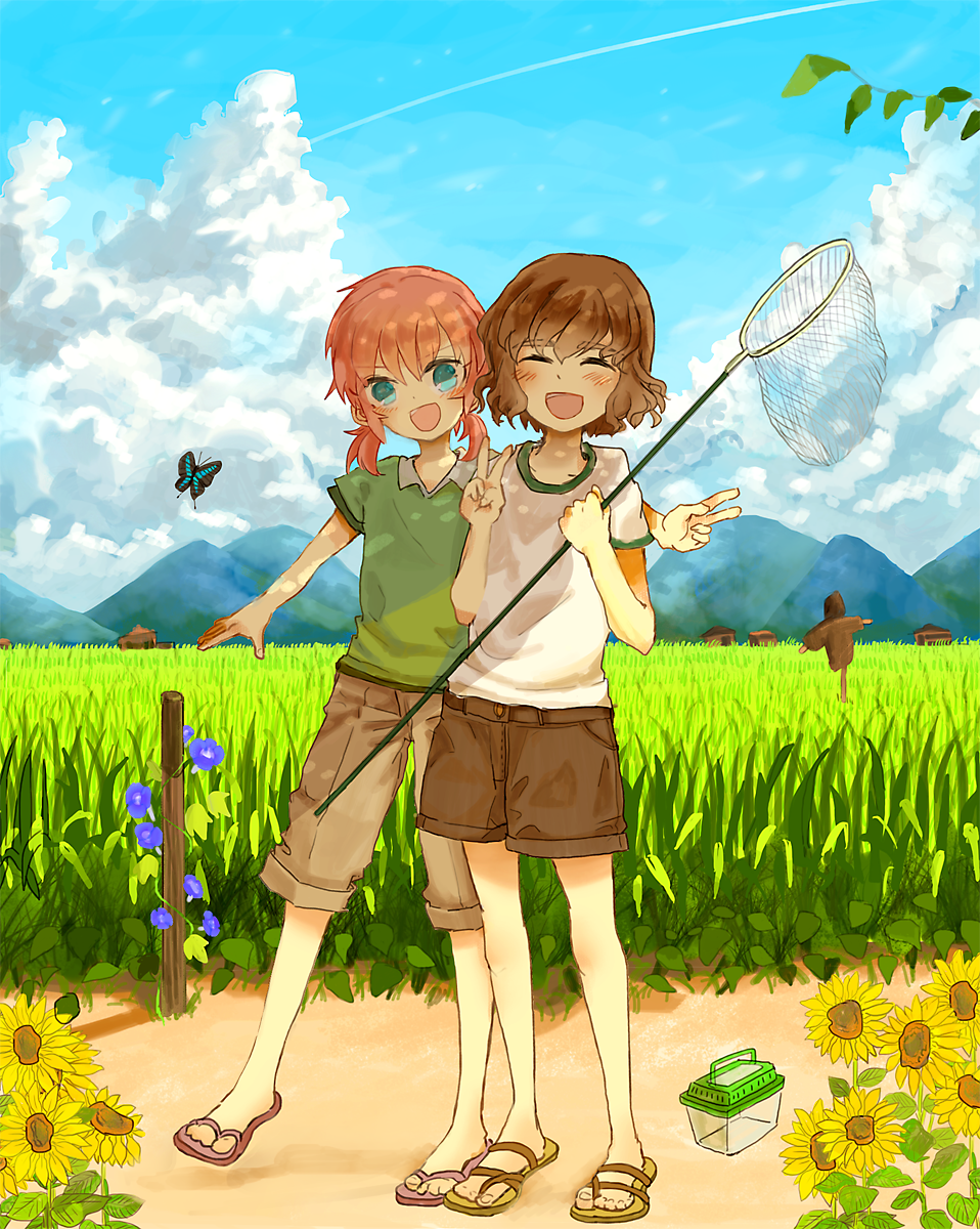 2boys blue_eyes blush brown_hair butterfly butterfly_net closed_eyes clouds flower hand_net highres inazuma_eleven_(series) inazuma_eleven_go kirino_ranmaru ku-gu male_focus morning_glory multiple_boys open_mouth pink_hair sandals scarecrow shindou_takuto short_hair sky standing sunflower twintails v