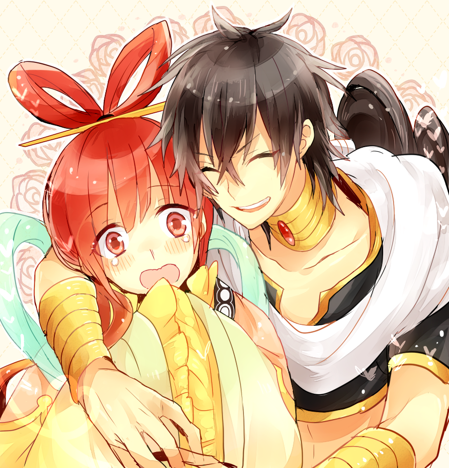 1boy 1girl black_hair blush braid chinese_clothes closed_eyes hair_ornament hair_rings hair_stick happy jewelry judal long_hair lots_of_jewelry magi_the_labyrinth_of_magic neck_ring red_eyes redhead ren_kougyoku single_braid smile wrt_(arpaca)