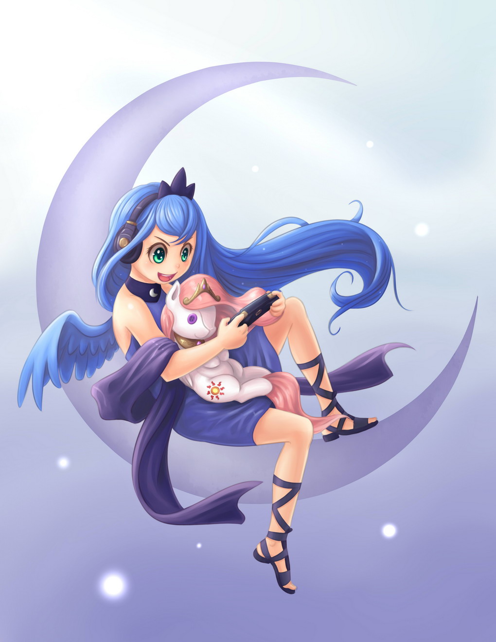 123hamster 1girl bare_shoulders blue_hair celestia_(my_little_pony) character_doll crescent dress green_eyes headphones highres long_hair luna_(my_little_pony) my_little_pony my_little_pony_friendship_is_magic objectification open_mouth personification shoes smile solo tiara wings