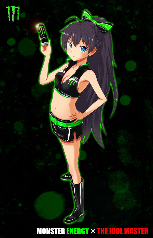 1girl black_hair blue_eyes boots bow breasts can cleavage copyright_name crop_top ganaha_hibiki hair_bow hand_on_hip idolmaster latex long_hair looking_at_viewer midriff miniskirt monster_energy navel product_placement shiny shiny_clothes shiny_skin skirt solo very_long_hair yoga_doujou_(misawajima)