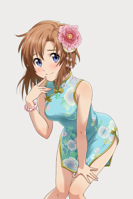 1girl bare_shoulders blue_eyes bracelet china_dress chinese_clothes dress finger_to_mouth flower grey_background hair_flower hair_ornament higurashi_no_naku_koro_ni jewelry leaning_forward looking_at_viewer orange_hair ryuuguu_rena short_hair side_slit simple_background solo standing thigh_gap thighs yachiwo