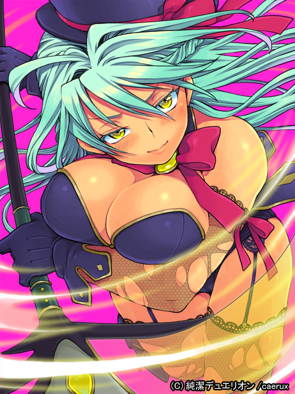 1girl bare_shoulders blue_hair blush breasts cleavage eroe fishnet_legwear fishnets garter_straps gloves hat junketsu_duelion large_breasts long_hair original ribbon smile solo staff thigh-highs torn_clothes yellow_eyes