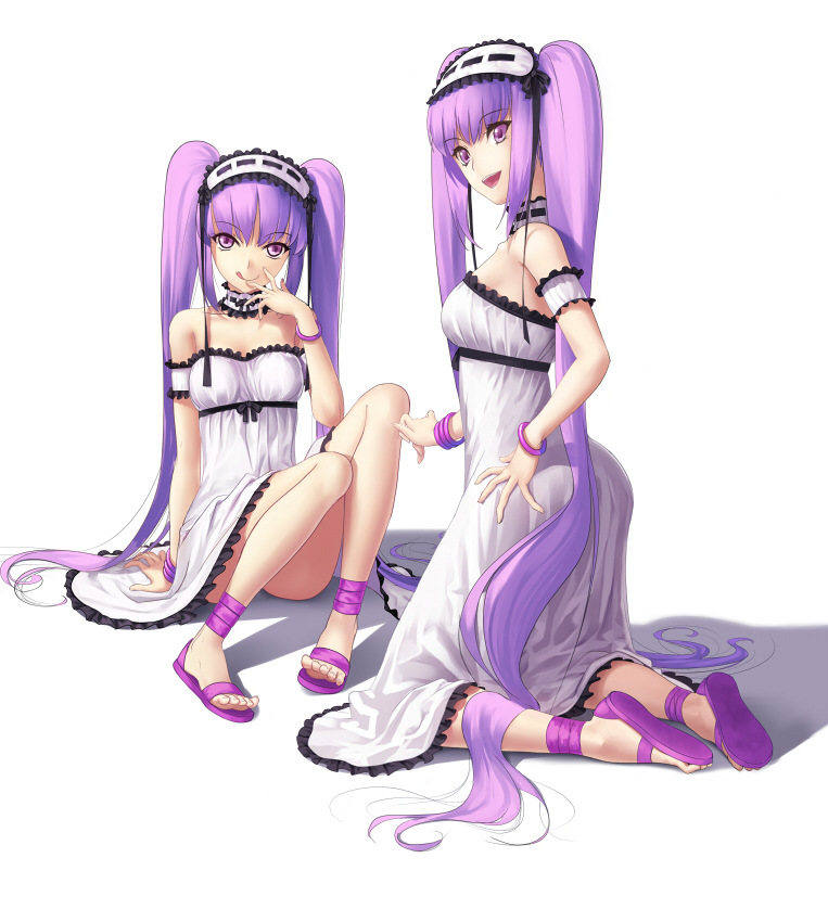 2girls ankle_wraps anklet bracelet euryale fate/hollow_ataraxia fate_(series) feet hairband hand_on_hip jewelry kneeling licking_lips lolita_hairband long_hair looking_at_viewer looking_back multiple_girls open_mouth purple_hair sandals shadow siblings simple_background sisters sitting smile stheno thigh-highs toes tongue tongue_out tsukikanade twins twintails very_long_hair violet_eyes white_background