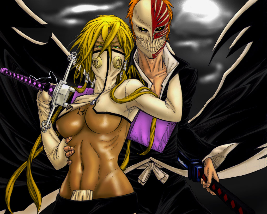 1boy 1girl abs arrancar black_sclera bleach blonde_hair breasts covering_face green_eyes hair_between_eyes hand_on_hip kookookachoogotskrew kurosaki_ichigo large_breasts long_hair looking_at_viewer mask orange_hair sheath sword tier_harribel under_boob unsheathing weapon yellow_eyes zipper