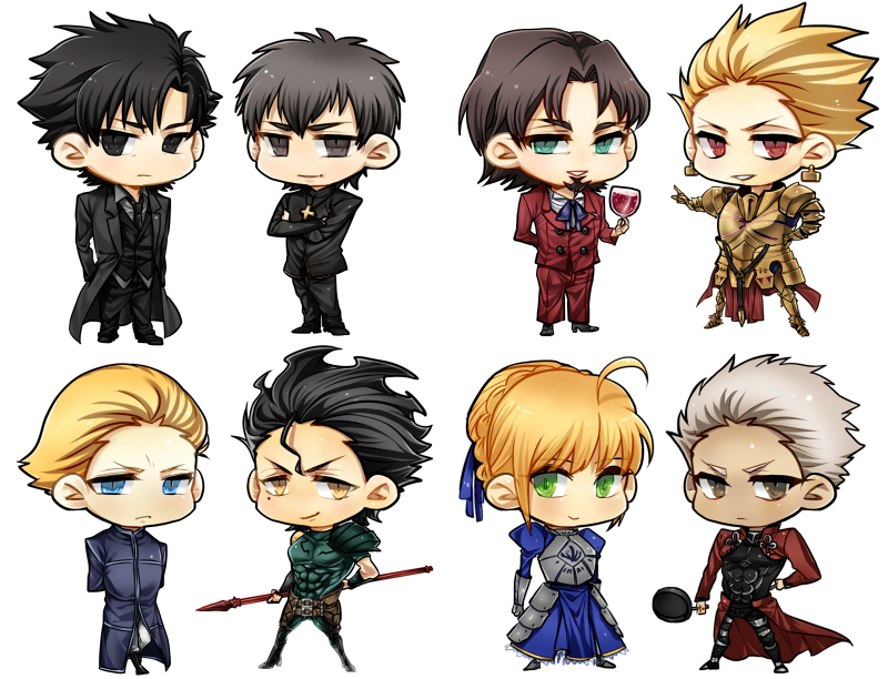 1girl 6+boys ahoge alcohol archer armor armored_dress bad_id black_eyes black_hair blonde_hair blue_eyes brown_eyes brown_hair chibi cup dress drinking_glass earrings emiya_kiritsugu fate/stay_night fate/zero fate_(series) formal frying_pan gae_dearg gilgamesh green_eyes jewelry kayneth_archibald_el-melloi kotomine_kirei lancer_(fate/zero) mitsuki_mitsuno mole multiple_boys polearm red_eyes saber spear suit tohsaka_tokiomi toosaka_tokiomi weapon white_hair wine wine_glass yellow_eyes