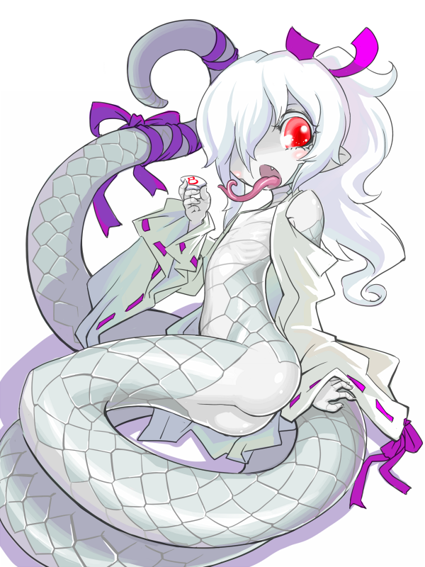 10s 1girl 2013 albino ass forked_tongue indee lamia long_tongue monster_girl original pale_skin red_eyes ribbon scales snake_tail snakeskin_print solo tail tongue white_hair