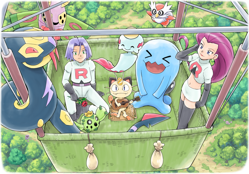 1boy 1girl acoustic_guitar arbok big_hair blue_eyes cacnea chimecho delibird dustox ekans forest green_eyes guitar hot_air_balloon instrument koffing kojirou_(pokemon) landscape meowth musashi_(pokemon) music nature peaceful playing_instrument pokemoa pokemon pokemon_(anime) pokemon_(creature) seviper sitting standing tail team_rocket thigh-highs weezing wobbuffet