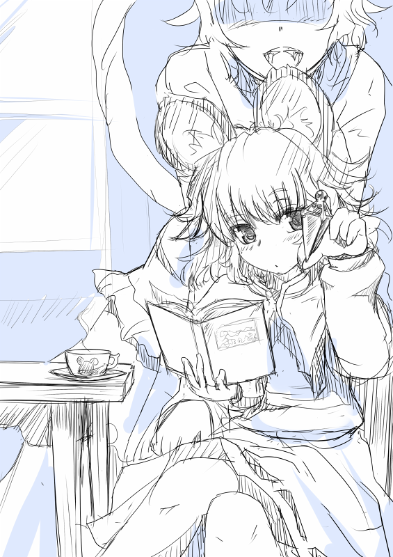 2girls animal_ears blush book capelet crystal female impending_bite ishikkoro monochrome mouse_ears mouse_tail multiple_girls nazrin open_mouth sitting sketch smile studying tail toramaru_shou touhou