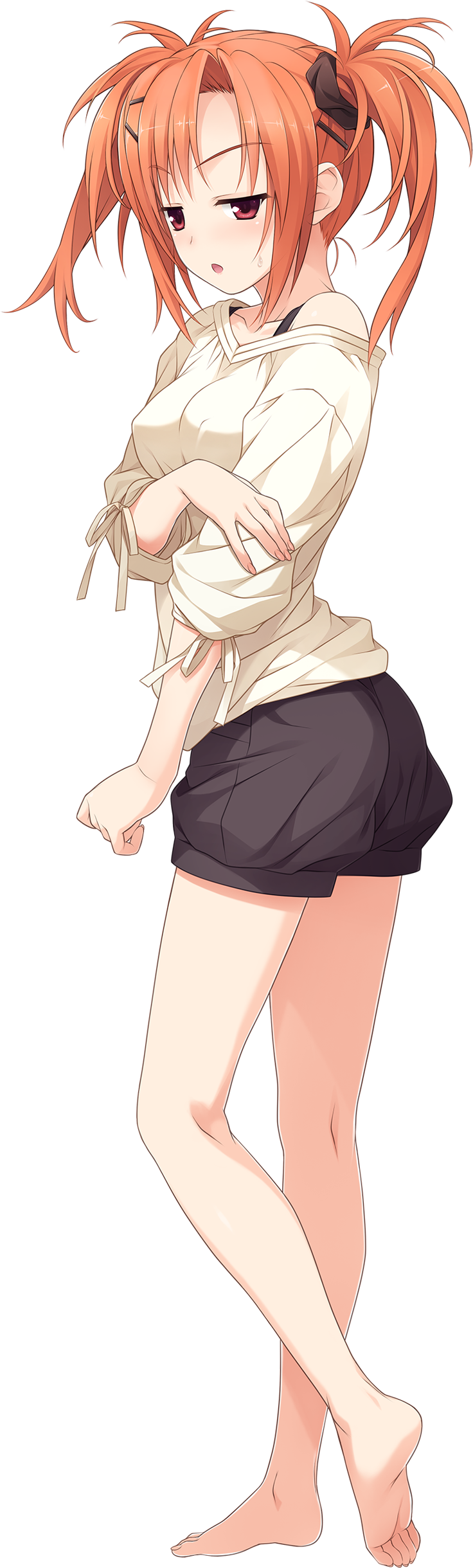 1girl :o absurdres barefoot feet flat_gaze full_body hair_ornament hairclip hashimoto_takashi highres imouto_no_katachi jitome kneepits legs long_hair long_image long_legs off_shoulder orange_hair red_eyes ribbon short_shorts shorts simple_background soles solo standing sumeragi_ayaka sweatdrop sweater tall_image toes transparent_background twintails white_background