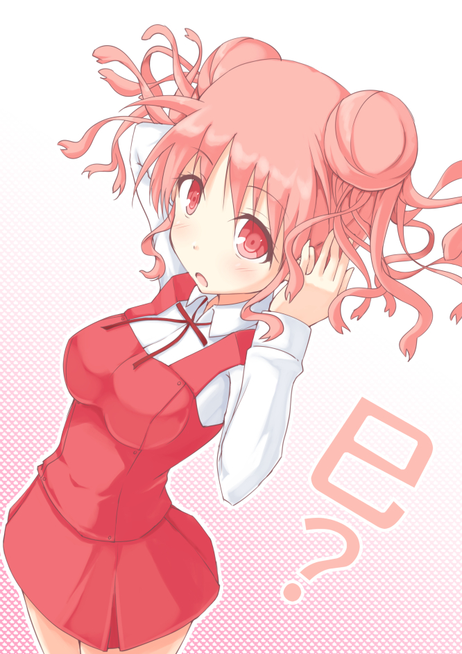 1girl :o adjusting_hair blush breasts double_bun hidamari_sketch hiro kuro_(be_ok) minitesu pink_eyes pink_hair school_uniform short_hair skirt solo