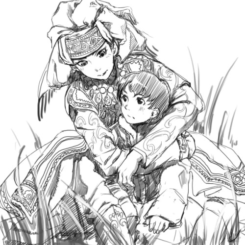 1boy 1girl age_difference amira blush colmack couple grass head_scarf hetero hug hug_from_behind jewelry karluk long_sleeves lowres monochrome necklace otoyomegatari traditional_clothes