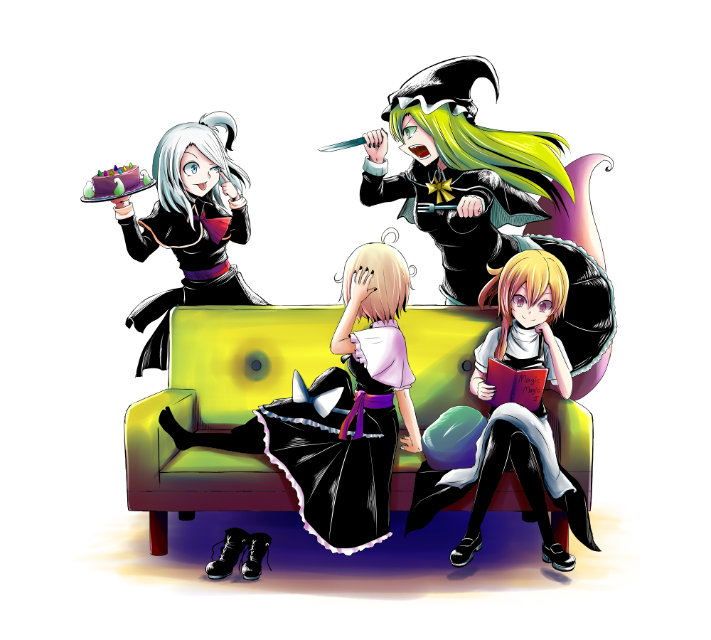 4girls ahoge akanbe alice_margatroid alternate_color black_legwear blonde_hair bow cake couch dress female food fork frills ghost_tail green_hair grey_eyes hat hat_removed headwear_removed kirisame_marisa knife mima multiple_girls mystic_square ne_kuro one_eye_closed pantyhose plate reading shadow shinki shoes_removed side_ponytail silver_hair sitting smile tongue tongue_out touhou touhou_(pc-98) violet_eyes wink witch_hat