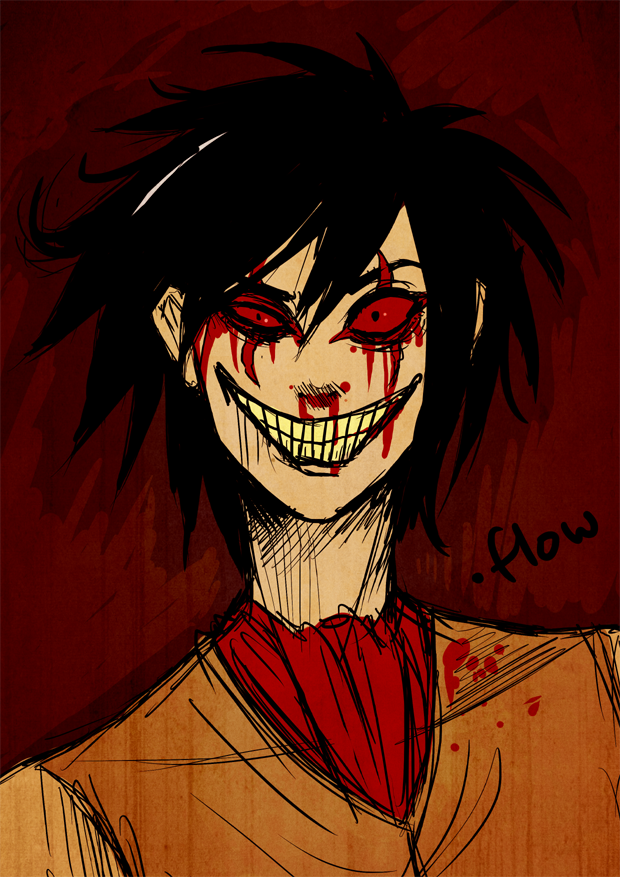 .flow 1boy artist_request black_hair bleeding blood bloody_tears copyright_name crazy_eyes crazy_smile creepy evil_grin evil_smile facial_tattoo grin looking_at_viewer male_focus nosebleed red_sclera short_hair smile smile_(.flow) solo tattoo upper_body