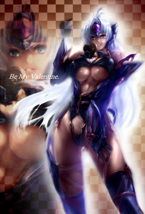 1girl ahoge blue_eyes boots breasts checkered checkered_background chocolate chocolate_heart cleavage cyborg dark_skin elbow_gloves english gloves headpiece heart huge_breasts long_hair negresco open_mouth pointy_ears shiny shiny_skin silver_hair solo t-elos thigh-highs thigh_boots under_boob valentine xenosaga xenosaga_episode_iii zoom_layer
