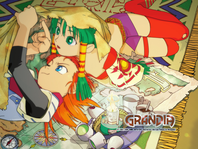 1boy 1girl 90s blue_eyes candle carpet compass cropped cropped_image cup feena_(grandia) game_arts grandia grandia_i green_eyes green_hair hair_tubes hat hat_removed headwear_removed hontani_toshiaki justin_(grandia) lying map miniskirt official_art on_back on_stomach one_eye_closed orange_hair pointing redhead skirt striped striped_legwear teacup tent thigh-highs wallpaper wink