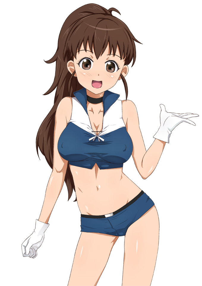 1girl :d breasts brown_eyes brown_hair choker erect_nipples gloves ichihisa long_hair midriff navel open_mouth ponytail shorts smile solo taneshima_popura working!!