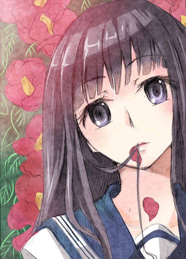 1girl black_hair flower grey_eyes hair_in_mouth long_hair mouth_hold nekozuki_yuki original petals school_uniform serafuku solo