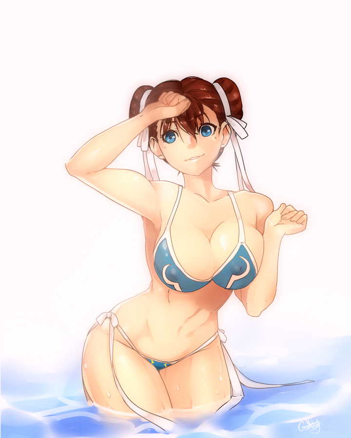 1girl adapted_costume alternate_costume arm_up bare_thighs bikini blue_eyes breasts brown_eyes brown_hair capcom chun-li cleavage double_bun guilty_testament large_breasts legs legs_together navel smile solo standing street_fighter swimsuit thighs thong_bikini wading water