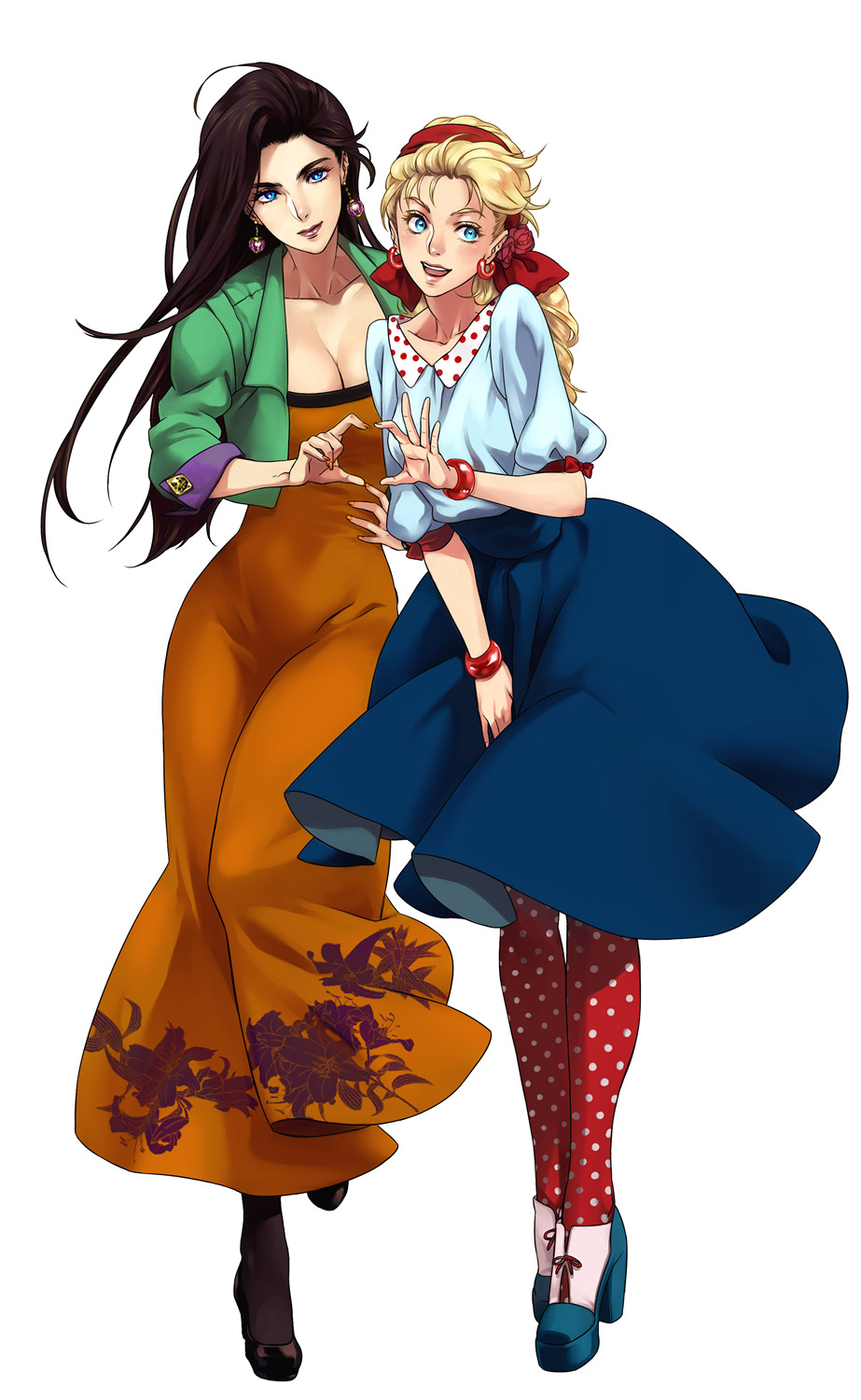 2girls alternate_costume battle_tendency black_hair black_legwear black_shoes blonde_hair blue_eyes blue_shirt blue_skirt bracelet breasts cleavage collarbone contrapposto cropped_jacket dress earrings female floral_print flower full_body green_jacket hair_flower hair_ornament hairband happy head_scarf heart heart_hands high_heels highres jacket jewelry jojo_no_kimyou_na_bouken kabane_(follabi) lily_(flower) lipstick lisa_lisa long_dress long_hair looking_at_viewer makeup mature milf multiple_girls nail_polish open_mouth orange_dress orange_nails pantyhose patterned_legwear polka_dot polka_dot_legwear red_legwear red_lipstick red_rose rose shirt shoes simple_background skirt skirt_tug smile standing standing_on_one_leg suzi_q white_background