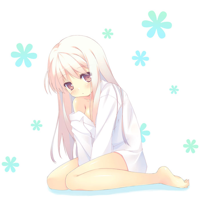 1girl barefoot bottomless hitoguchi_(hioxhio) long_hair naked_shirt red_eyes sakura-sou_no_pet_na_kanojo shiina_mashiro shirt sitting solo wariza white_hair white_shirt