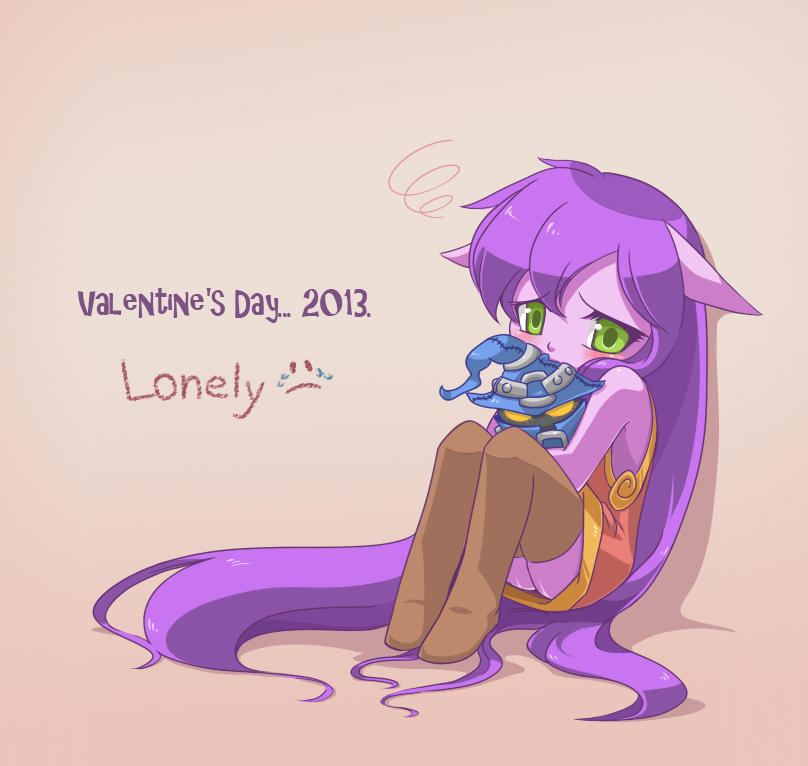 10s 1boy 1girl 2013 blush boots english green_eyes hat league_of_legends long_hair lulu_(league_of_legends) no_hat no_headwear pale_skin pointy_ears purple_hair purple_skin sad sitting squiggle stuffed_toy thigh-highs thigh_boots valentine veigar very_long_hair yan531