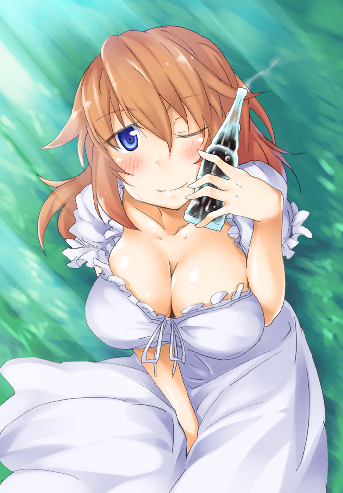 1girl bad_id blue_eyes blush bottle breasts brown_hair charlotte_e_yeager cleavage collarbone dress kuronyan large_breasts long_hair looking_at_viewer one_eye_closed orange_hair shiny shiny_skin solo strike_witches wink