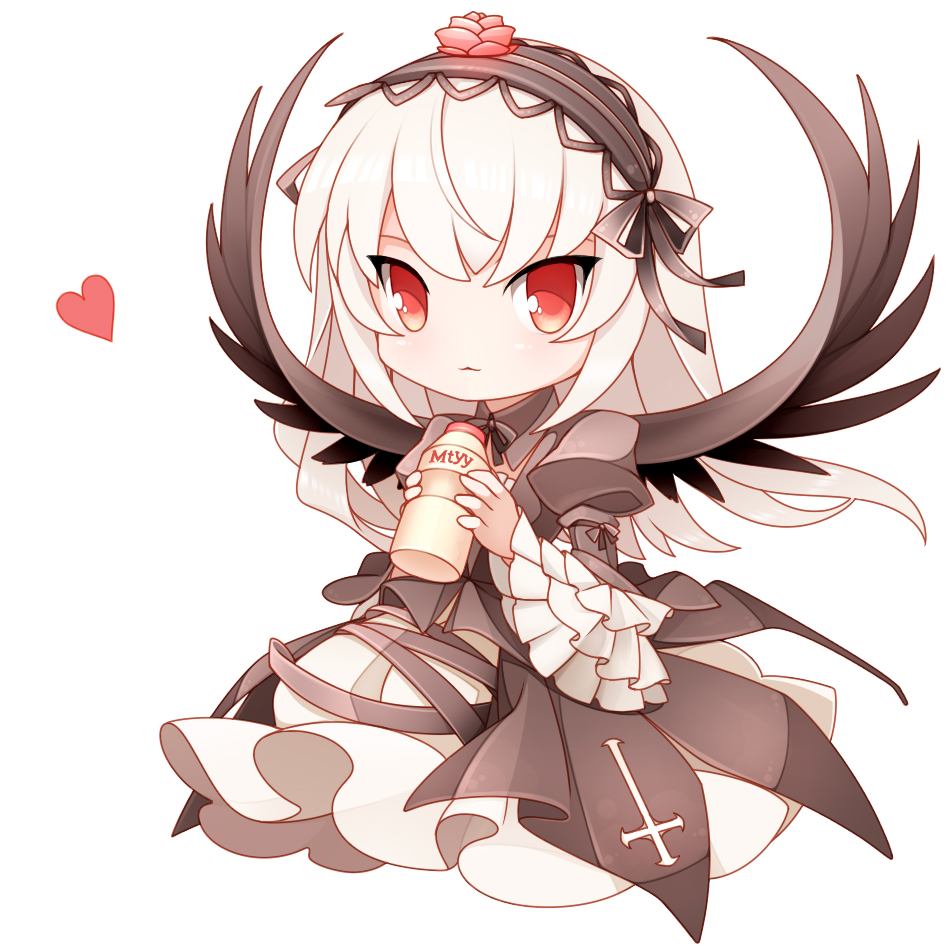 1girl bottle dress flower frills gothic_lolita hairband heart lolita_fashion long_hair looking_at_viewer mtyy red_eyes rose rozen_maiden shiny shiny_skin silver_hair solo suigintou wings