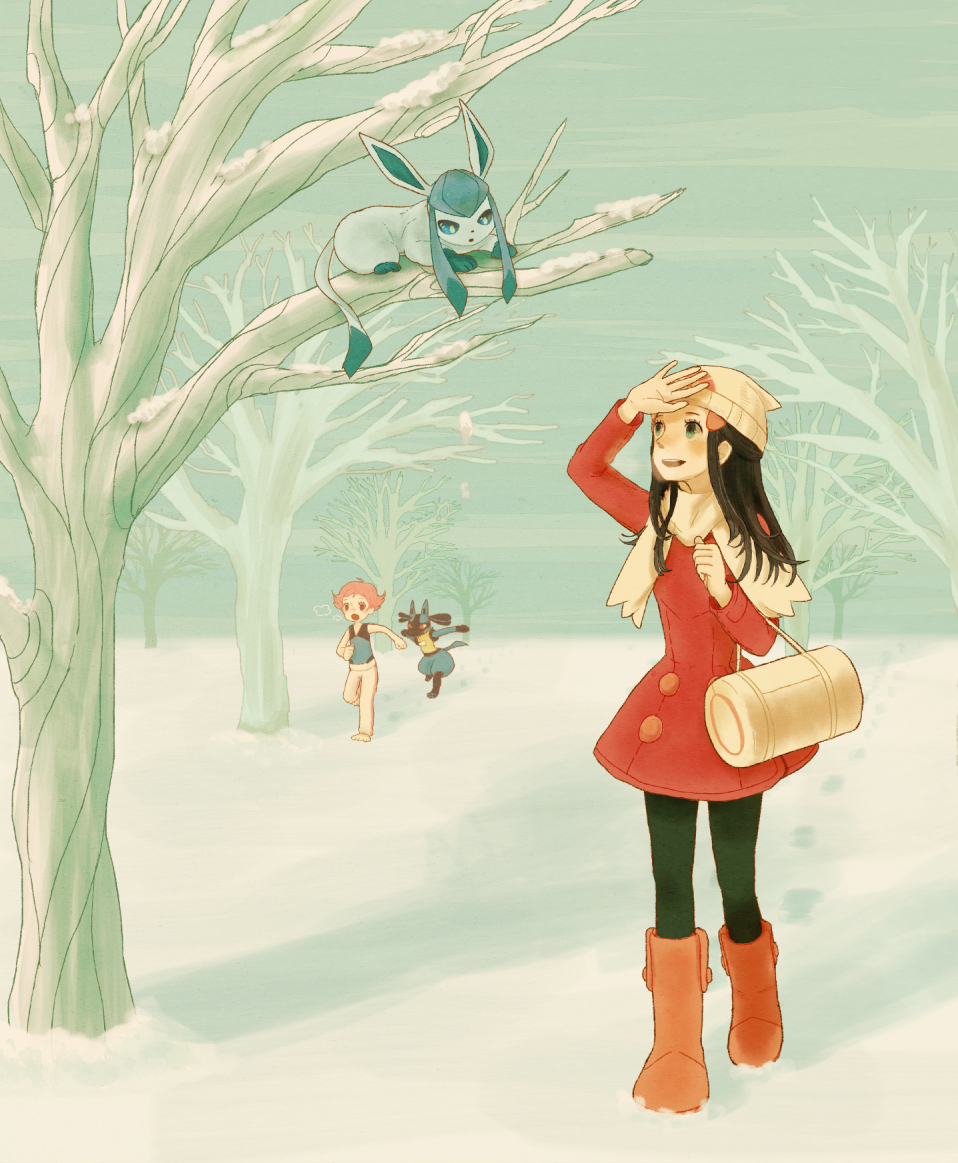 00s 2girls bag barefoot beanie black_hair black_legwear boots duffel_bag glaceon gym_leader hat hikari_(pokemon) in_tree kuyuri_yuta long_hair lucario multiple_girls pantyhose peacoat pink_boots pink_hair pokemon pokemon_(game) pokemon_dppt running scarf snow sumomo_(pokemon) tree white_scarf