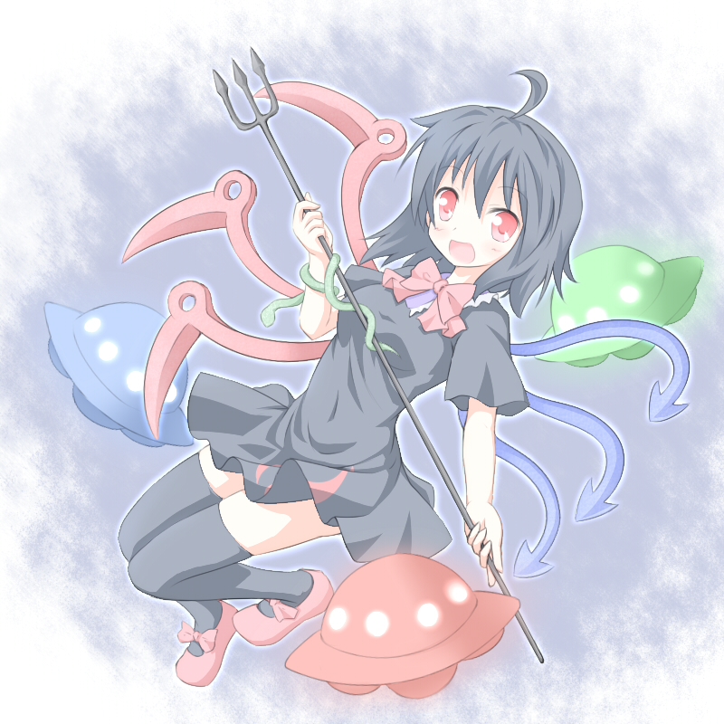 1girl asymmetrical_wings black_dress black_hair dress female houjuu_nue polearm red_eyes shino_megumi short_hair simple_background solo thigh-highs touhou trident ufo weapon wings zettai_ryouiki