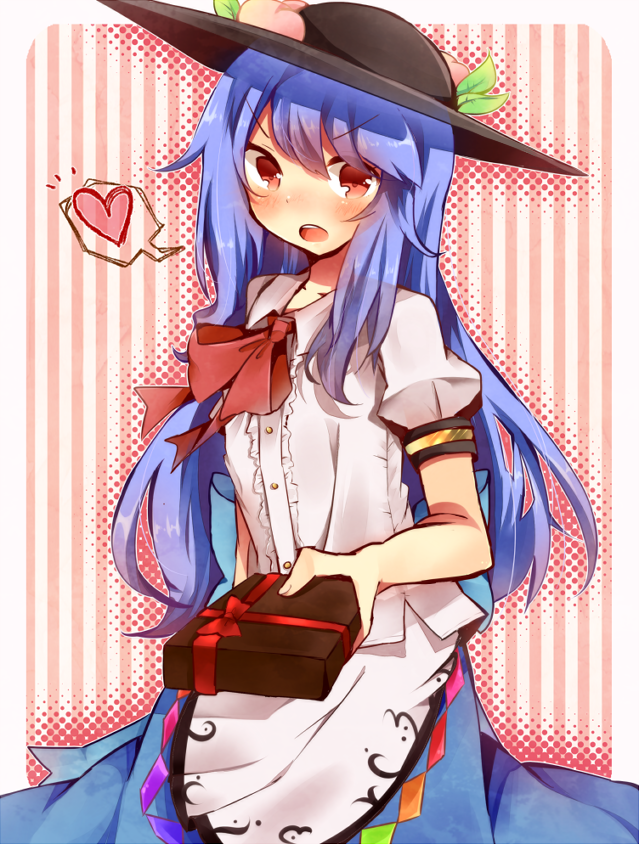 &gt;:o 1girl :o blue_hair blush box female food fruit hat heart hinanawi_tenshi long_hair open_mouth peach red_eyes solo tamagogayu1998 touhou valentine