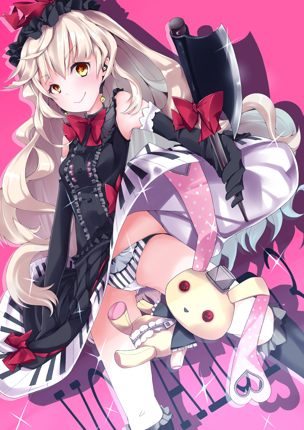 1girl axe bow brown_eyes dress elbow_gloves gloves hat highres holding mayu_(vocaloid) natsuki_yuu natsuki_yuu_(minamino_tsuki) panties pink_background silver_hair sleeveless sleeveless_dress smile solo sparkle stuffed_animal stuffed_bunny stuffed_toy underwear usano_mimi vocaloid weapon