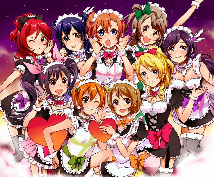 6+girls ayase_eli bad_id black_hair blonde_hair blue_eyes blush bow brown_eyes brown_hair crossed_arms everyone female frills green_eyes hair_bow hands_together hoshizora_rin koizumi_hanayo kousaka_honoka leaning_forward long_hair looking_at_viewer love_live! love_live!_school_idol_project maid masaki_(celesta) minami_kotori mogyutto_"love"_de_sekkin_chuu! multiple_girls nishikino_maki one_eye_closed open_mouth redhead short_hair skirt smile sonoda_umi thigh-highs toujou_nozomi twintails v violet_eyes wink yazawa_nico