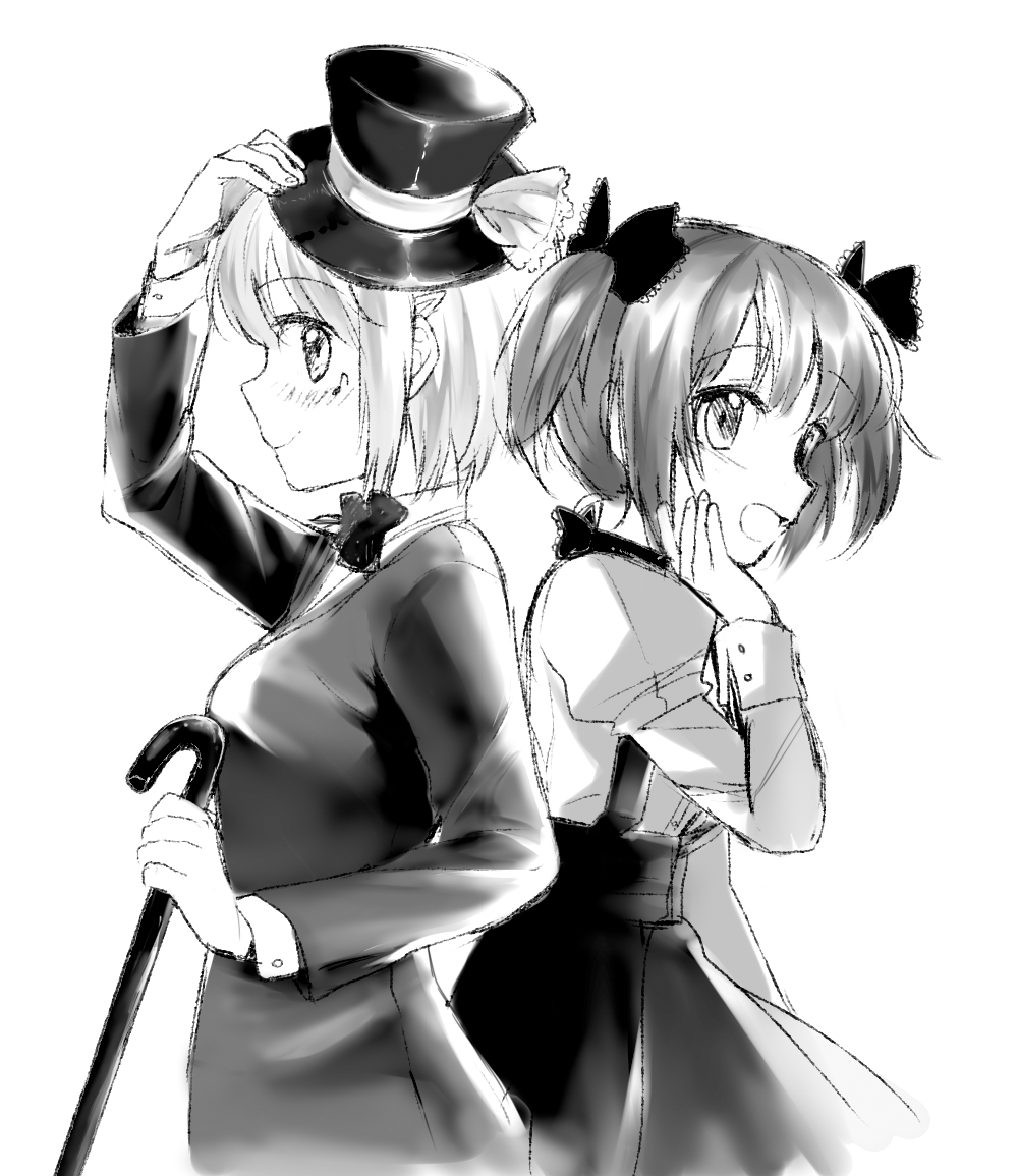 2girls alternate_costume bow bowtie cane dddoochi1 dress formal gloves hair_bow hat kaname_madoka mahou_shoujo_madoka_magica miki_sayaka monochrome multiple_girls musical_note short_twintails smile suit top_hat tuxedo twintails