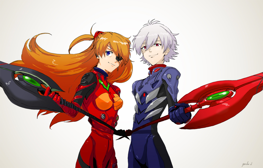 1boy 1girl albino bangs bodysuit breasts closed_mouth cowboy_shot evangelion:_3.0_you_can_(not)_redo eyepatch flipped_hair floating_hair foreshortening from_side gem gloves gradient gradient_background grey_background grey_hair hair_between_eyes hair_ornament headgear holding holding_weapon light_smile long_hair looking_at_viewer nagisa_kaworu neon_genesis_evangelion number orange_hair parted_bangs pilot_suit plugsuit polearm rebuild_of_evangelion signature silver_hair skinny small_breasts smile souryuu_asuka_langley spear standing tape turtleneck two_side_up very_long_hair weapon white_background